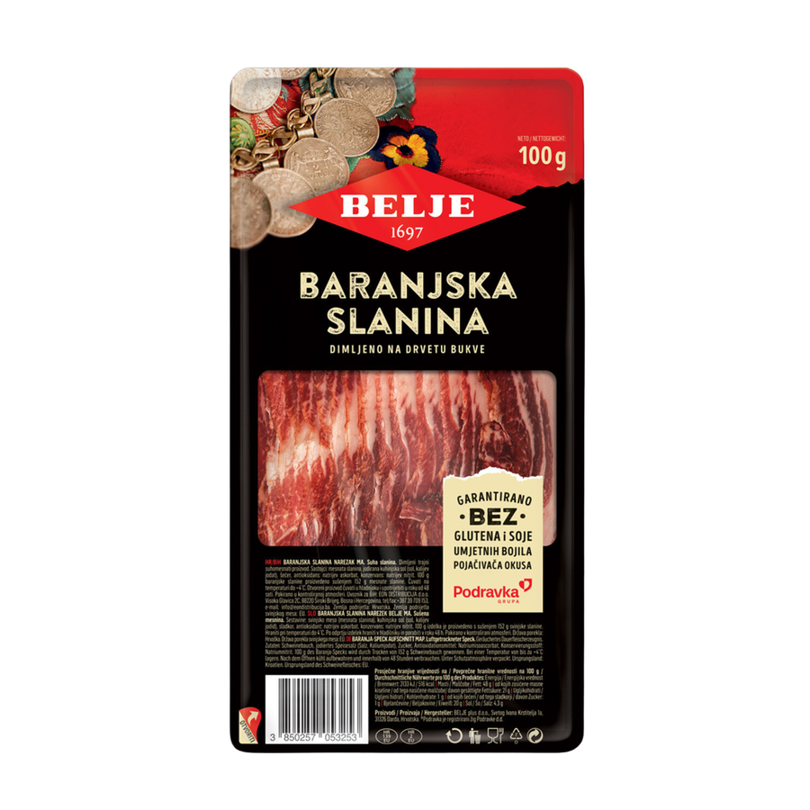 Belje Baranya smoked bacon | Baranjska slanina dimljena na bukovom drvetu rezana 100g