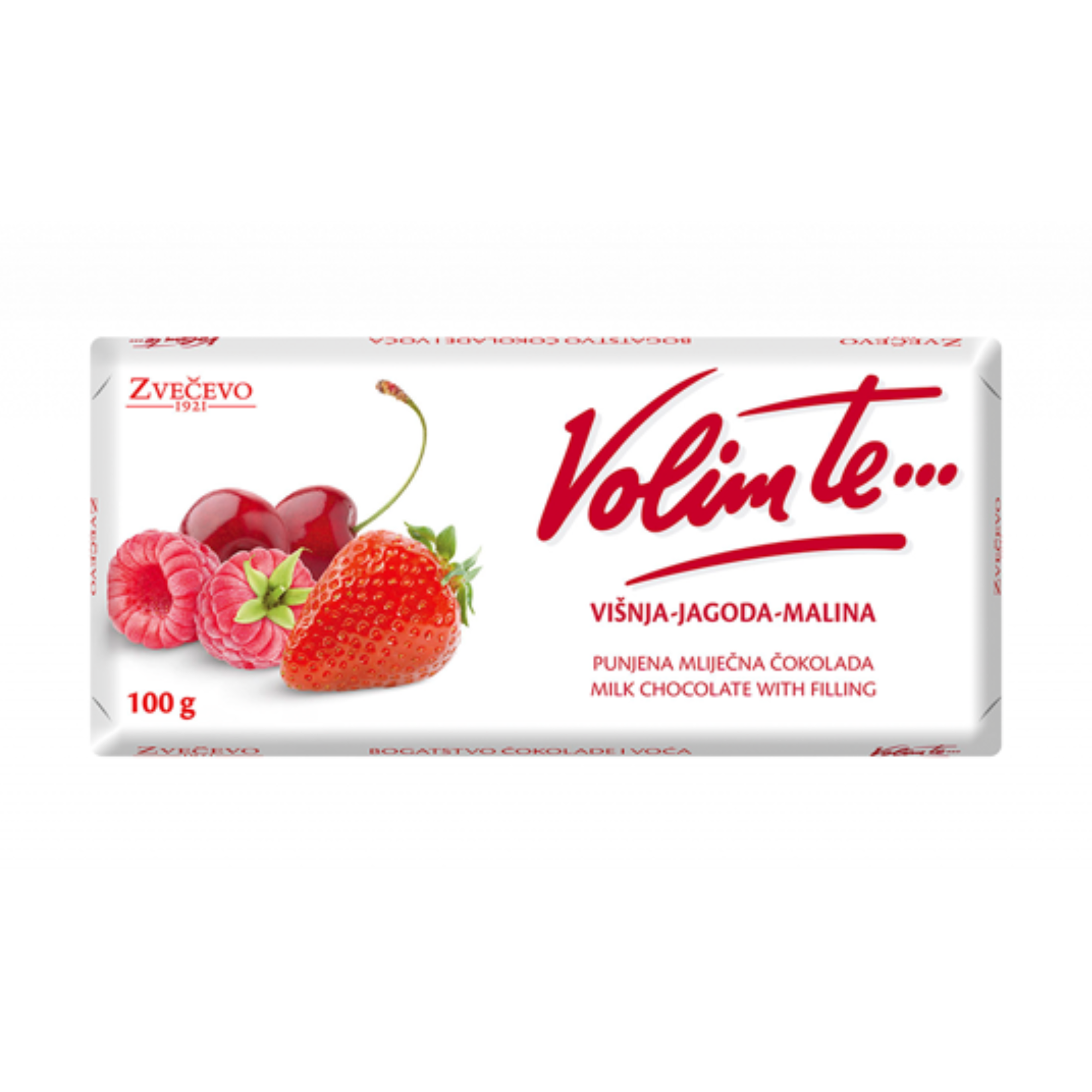 Zvečevo Milk chocolate with red fruit filling | Mliječna čokolada sa višnja-jagoda-malina punjenjem 100g - Magaza Online