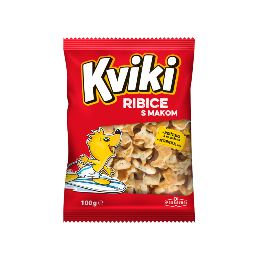 Podravka Kviki fish shaped crackers with poppy seeds | Kviki ribice s makom 100g - Magaza Online